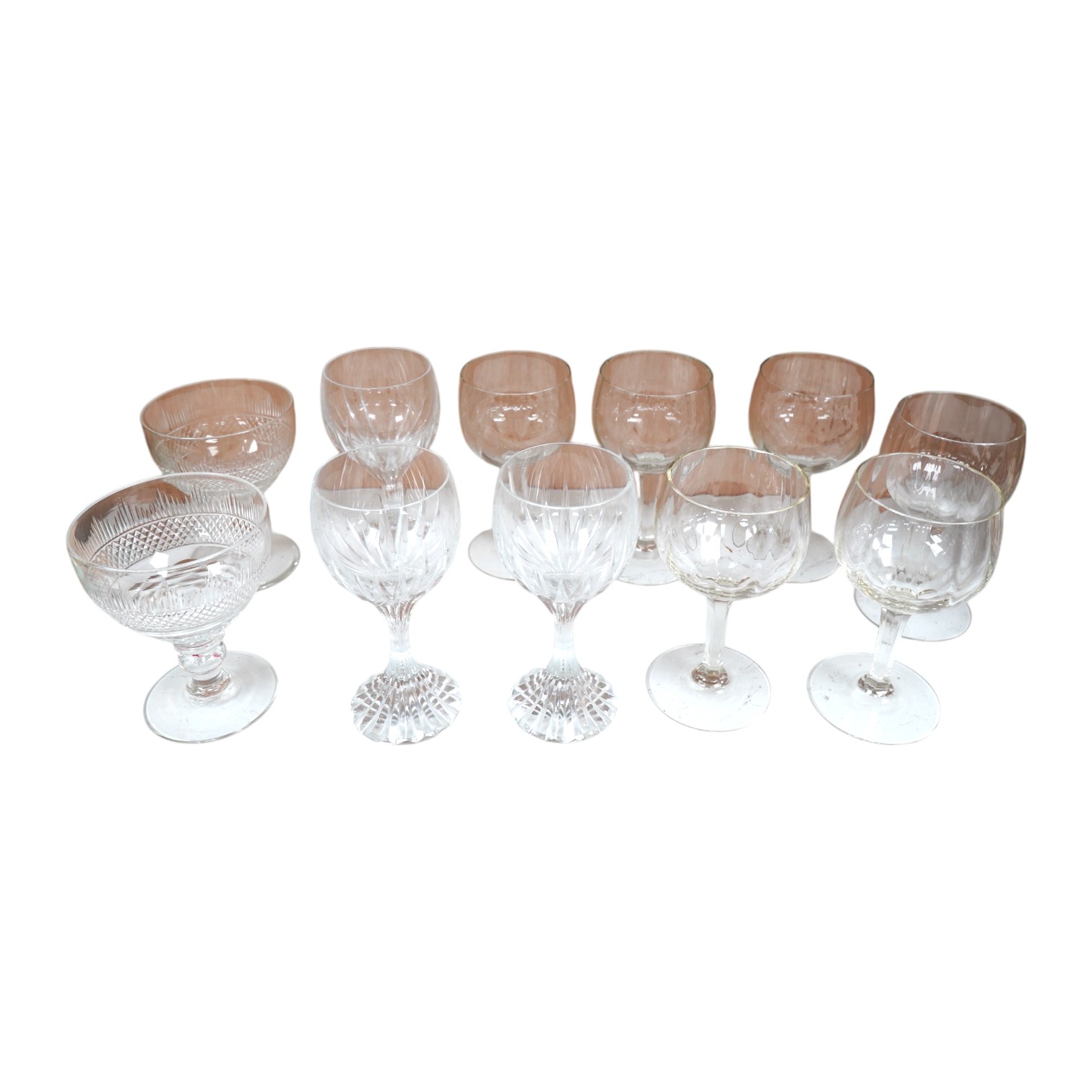 Three Baccarat (stamped) crystal ‘Massena’ cut glass wine goblets, a pair of late 19th century cut glass rummers and a set of six 20th century faceted wine glasses, Baccarat glasses 17.5cm high. Condition - good